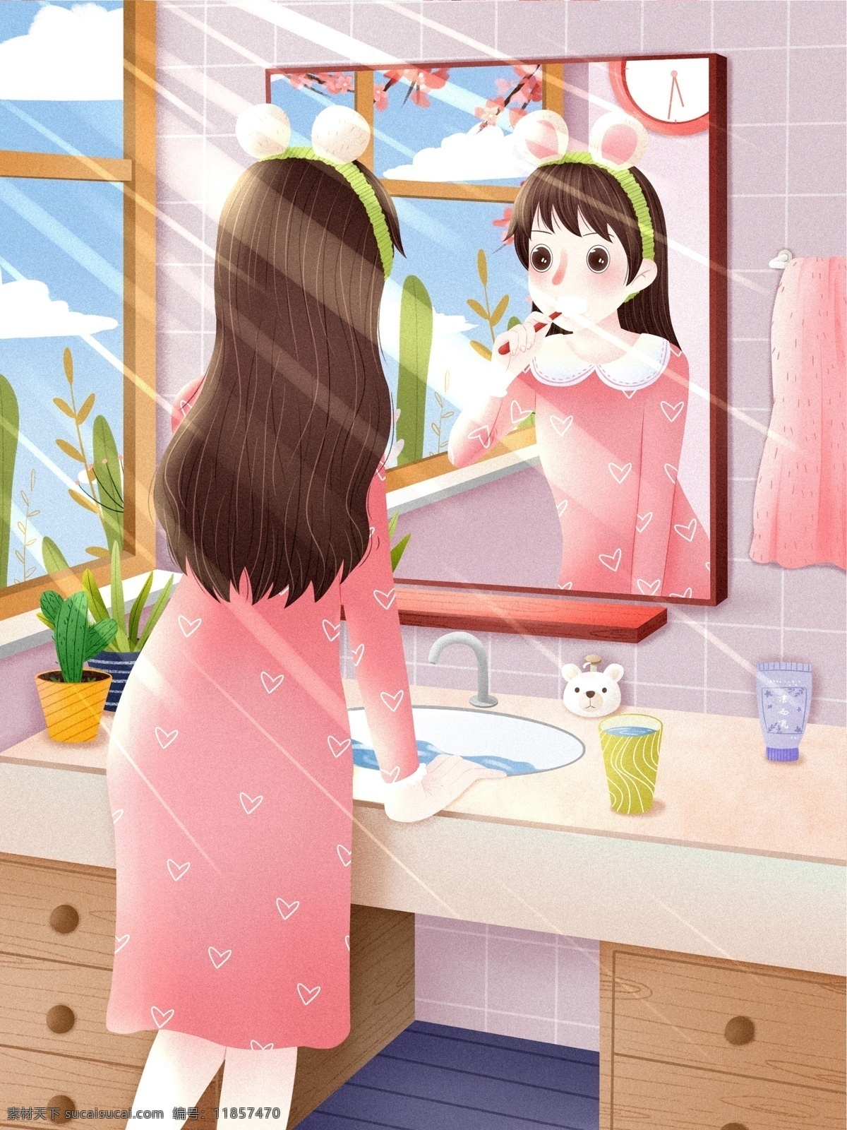 早安 早上 刷牙 洗脸 洗漱 起床 女孩 可爱 治愈 插画 小清新 温馨 温暖 创意海报 早起 正能量 早