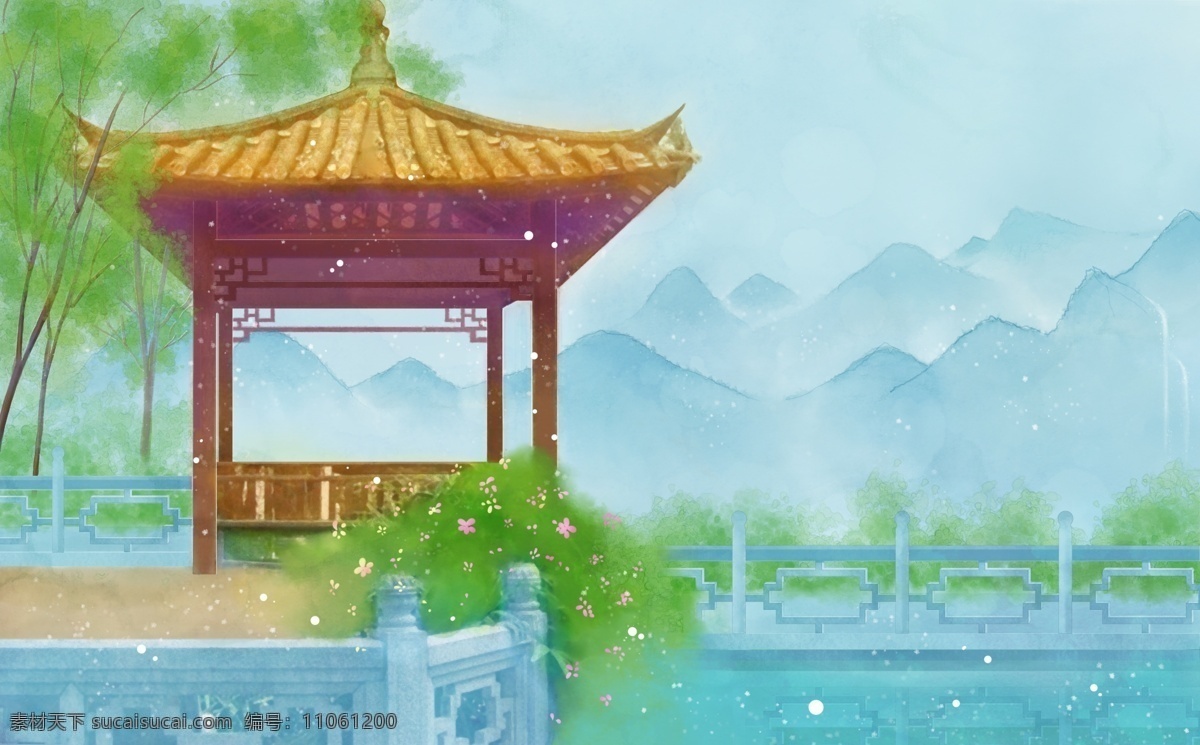 古風場景插畫 古風 背景 場景 繪制 夏天 插畫 手繪