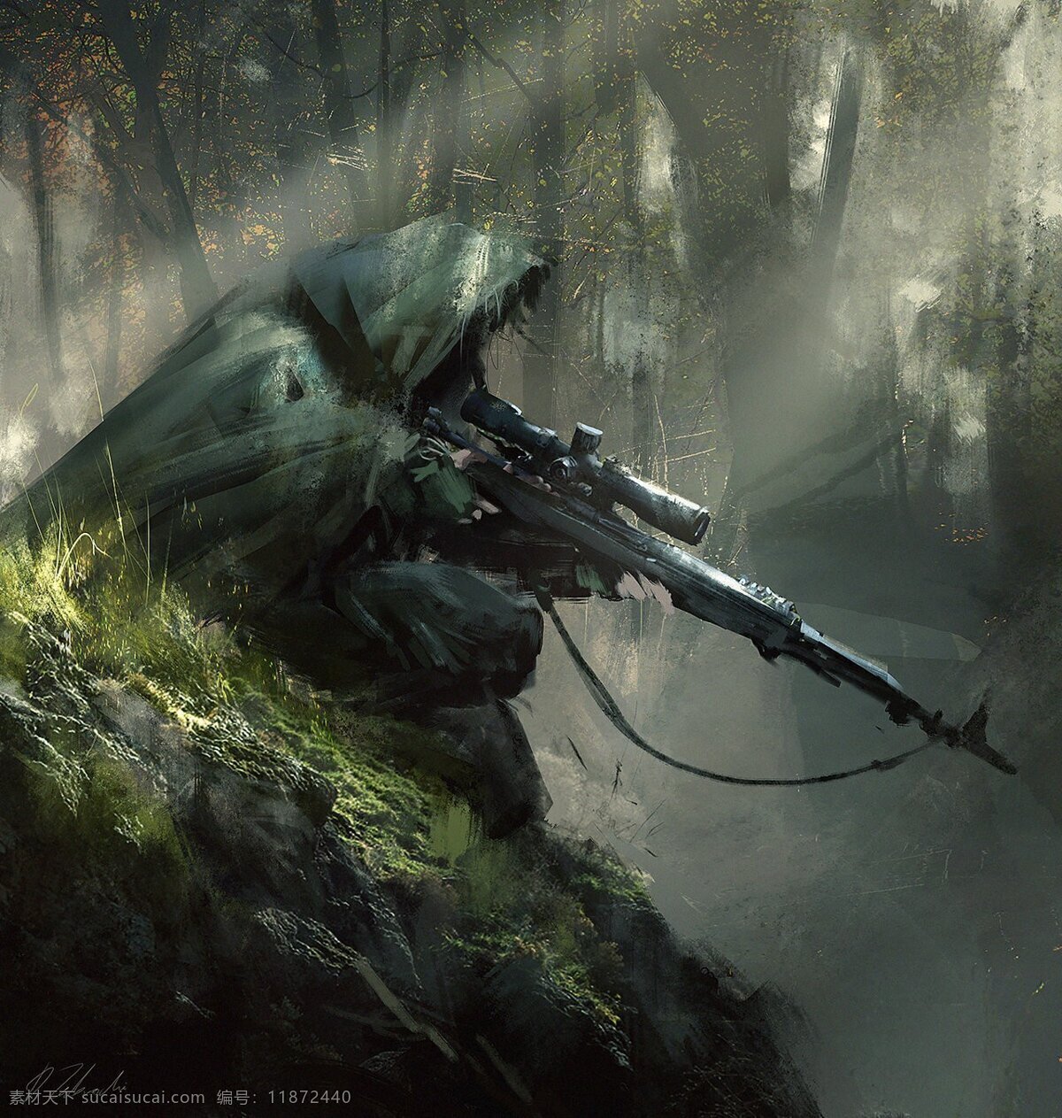 狙击手 油画 风格 油画风 朦胧感 森林 自然 绿色 伪装隐藏 军事硬核 动漫动画