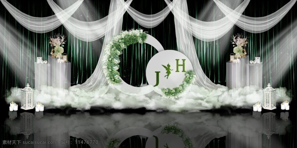 迷雾 森林 婚礼 主题 效果图 森系 蜡烛 花艺 绿植 纱幔 灯光