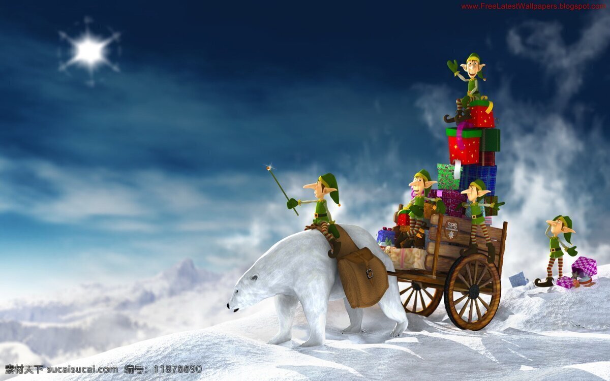北极熊 节日庆祝 精灵 马车 圣诞节 文化艺术 雪景 主题 高清 桌面 设计素材 模板下载 西洋节庆 桌面布置 英文贺词