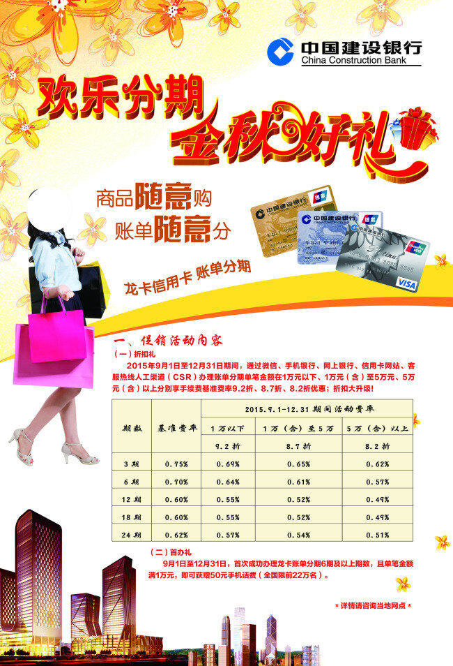 建行海報(bào) 海報(bào) 購(gòu)物卡 城市 秋季 橘黃色底紋 花紋 銀行海報(bào)