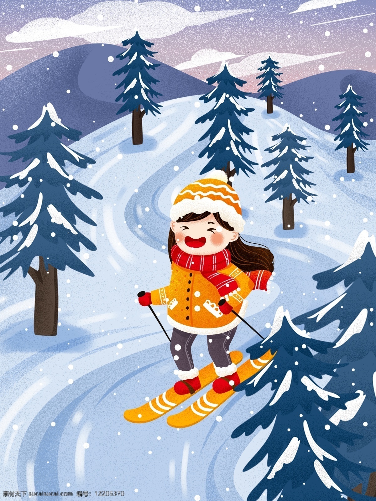 冬季 滑雪 女孩 雪 中 冬天 雪景 插画 唯美 冬季插画 滑雪女孩 滑雪人物 滑雪插画 大雪 大雪插画 冬季雪景 下雪 白雪 节气大雪 手绘人物 人物插画 冷色 寒冷 手绘