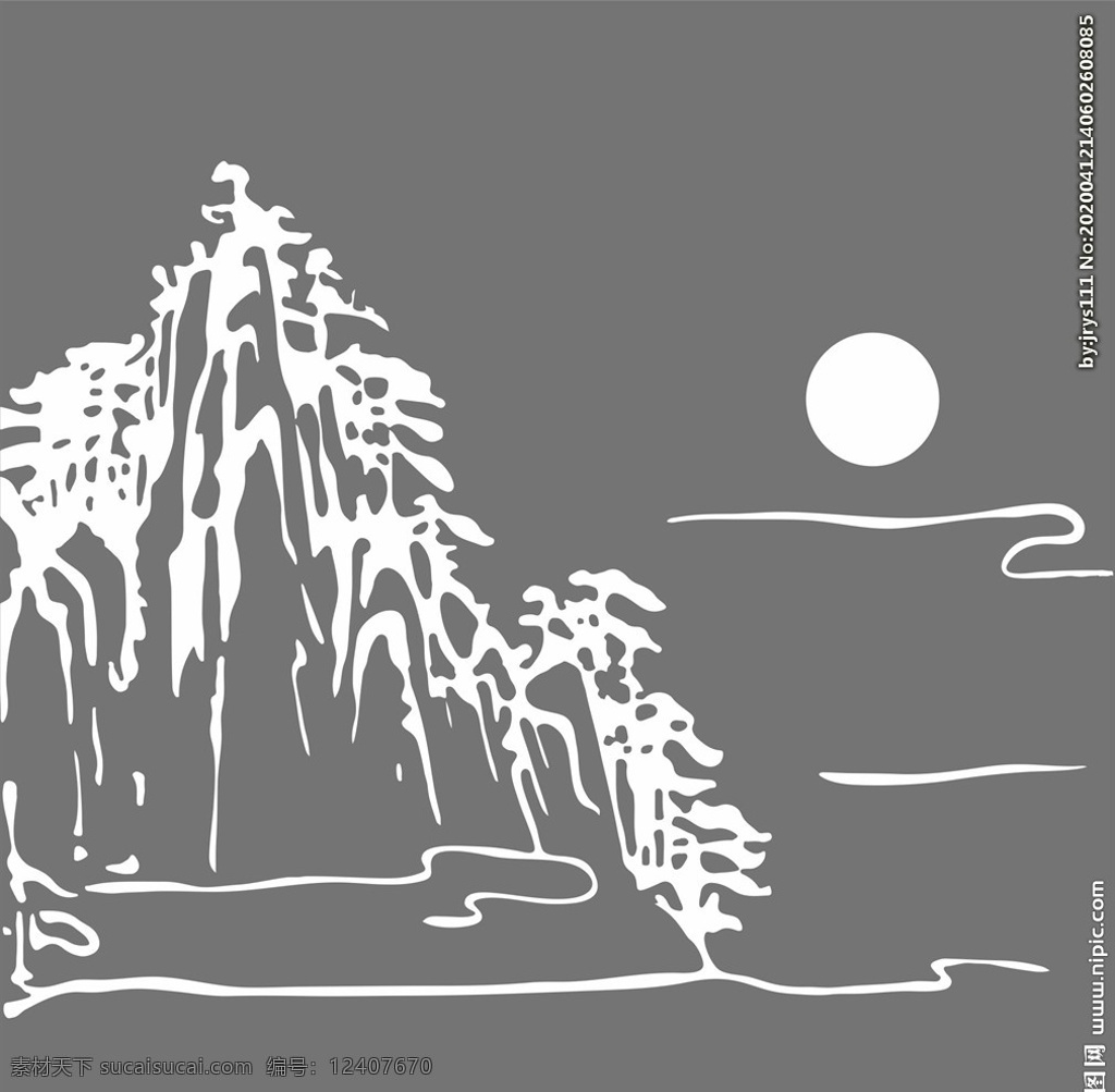 山水月 山水 月 简约 线描 矢量图 硅藻泥 中式图案