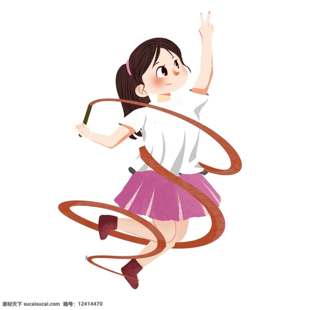 手绘 红 飘带 做 体操 女孩 插画 运动 人物 体育 儿童 可爱