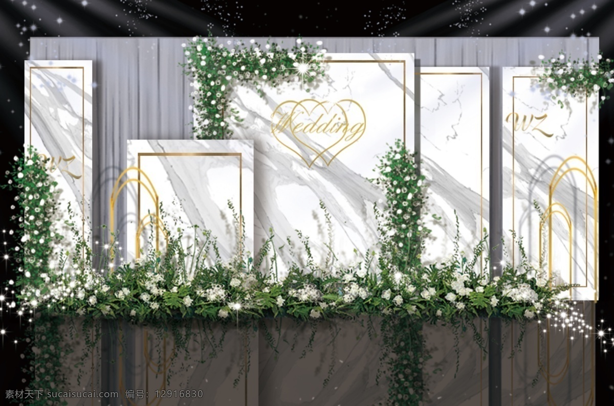 大理石 婚禮 白 金色 迎賓 區(qū) 效果圖 大理石婚禮 白綠色婚禮 層次背景 金色鐵藝 金色邊框 綠色 花藝 造型 質(zhì)感 大氣 簡(jiǎn)約 背景