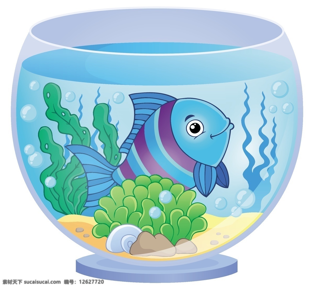 卡通 插畫 可愛 金魚 魚缸 矢量 藍(lán)色 泡泡 水草 底紋背景 廣告背景 裝飾背景