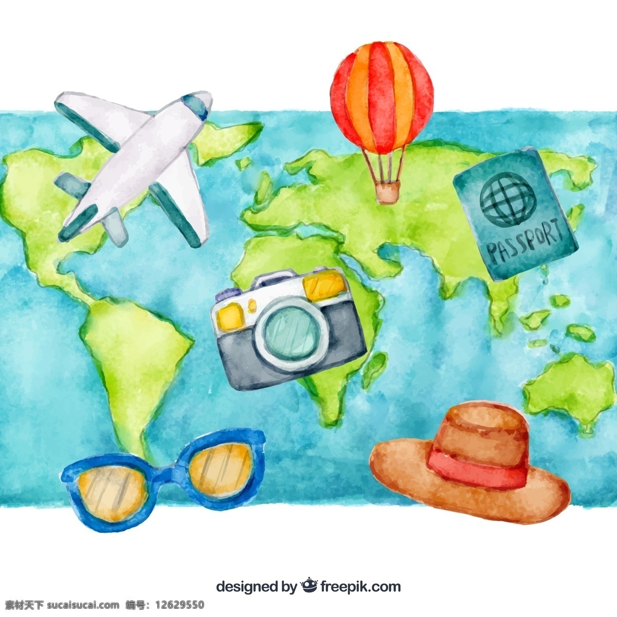 世界地图 旅行 元素 飞机 热气球 护照 照相机 太阳镜 沙滩帽 矢量 高清图片
