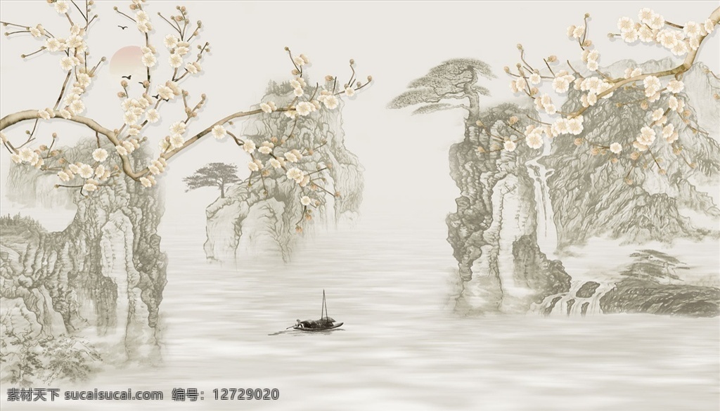 水墨山水 小船 背景墻圖片 梅花 背景墻 電視背景墻 現(xiàn)代背景墻 分層