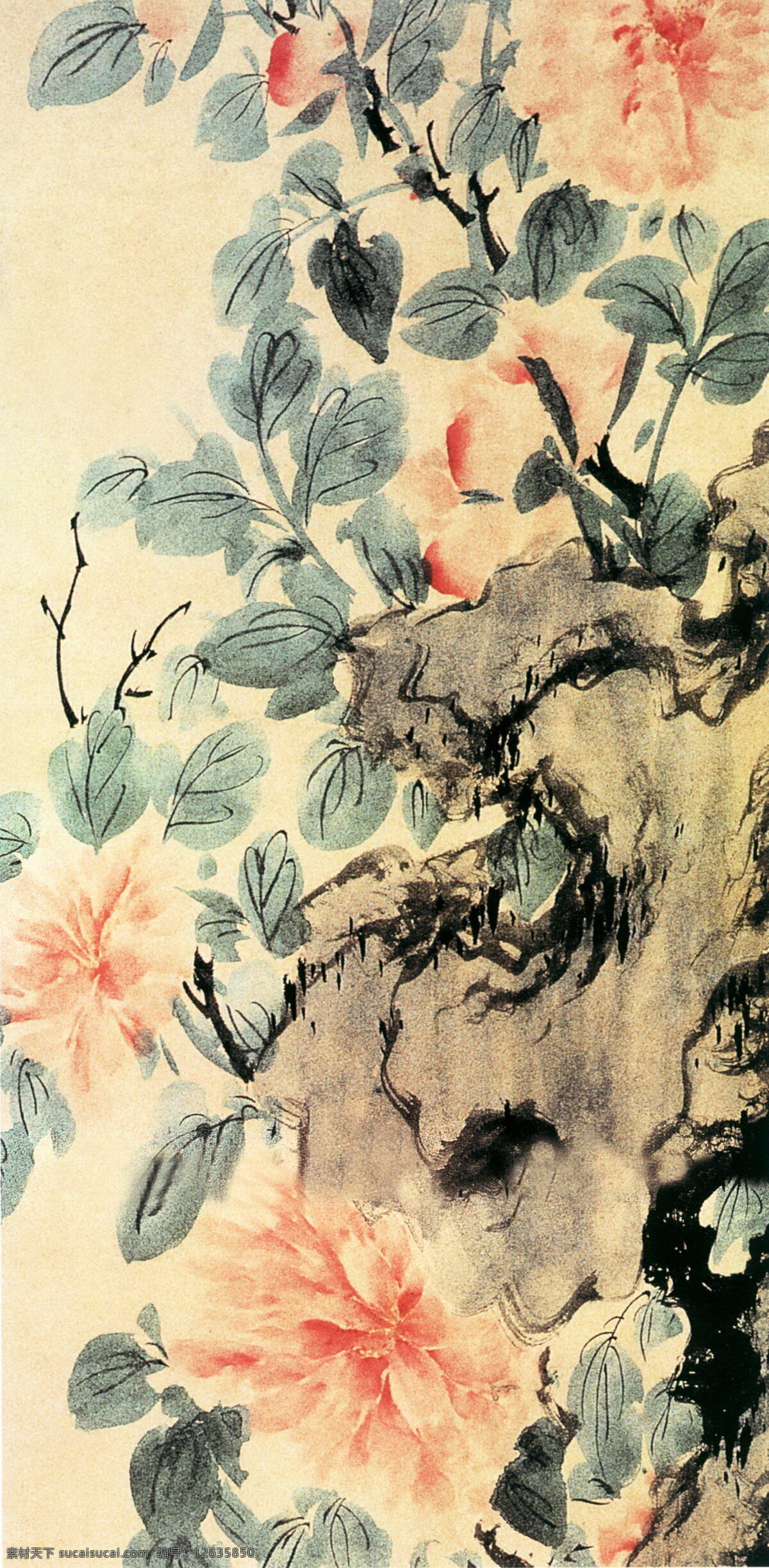 怪石 牡丹 中国画 绿叶 水墨 花鸟画 写意花鸟 设计素材 花鸟画篇 中国画篇 书画美术 黄色