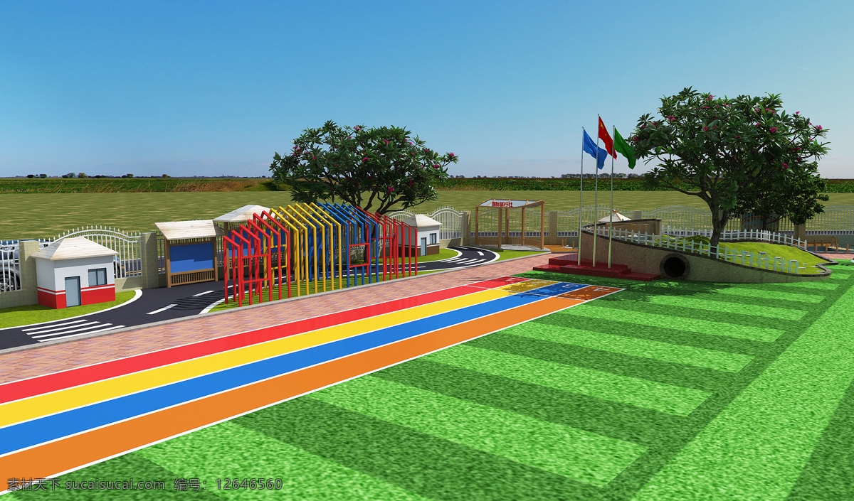 幼儿园游戏区 幼儿园操场图 幼儿园跑道 幼儿园围墙 幼儿园草地 3d设计 室外模型