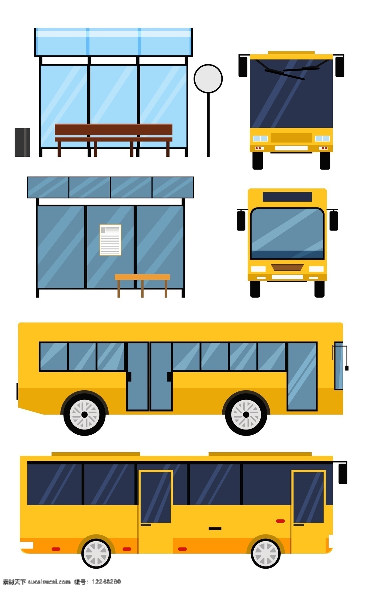 卡通 公交 汽车 站台 创意 公交车 交通工具 矢量素材 公交站台 候车亭 凳子