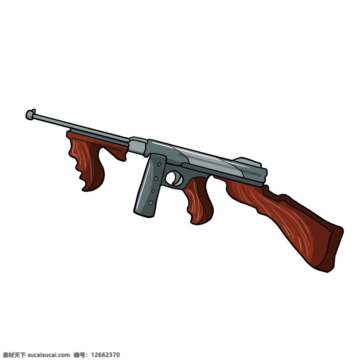 手绘 棕色 机关枪 插画 创意 精致的机关枪 现代化武器 枪托 枪坐 准星 卡簧 金属 子弹