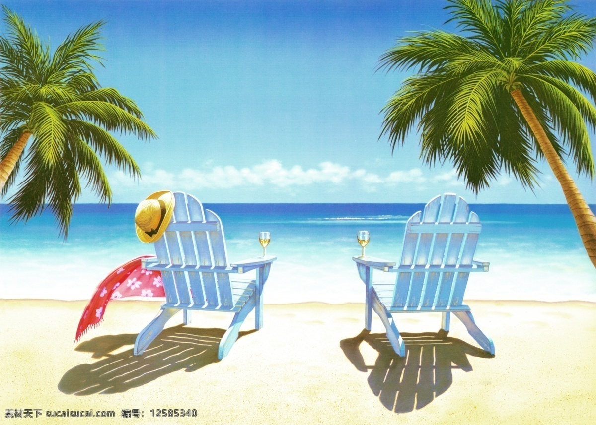 海边椰树 地中海 海边风景 装饰画 油画 绘画 椰林树影 椰子树 沙滩椅 太阳帽 休闲椅 度假 蓝天大海 文化艺术