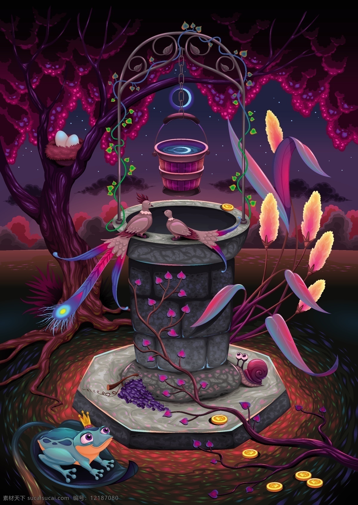 魔法 园 许愿 井 动物 插画 插图 植物 翅膀 魔法园 许愿井 青蛙