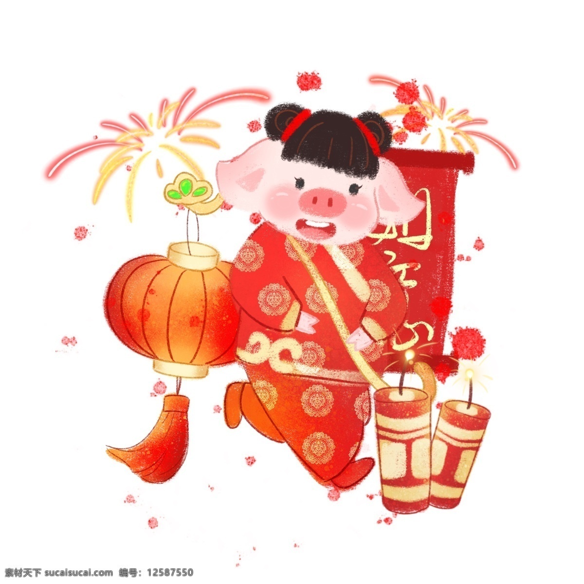 金 猪 拜年 2019 年 提 红灯笼 大吉大利 猪年 金猪 小猪猪 金猪猪 2019年 恭喜发财 喜庆 祝福 过年 卡通风 童话风 插画 壁纸 装饰画
