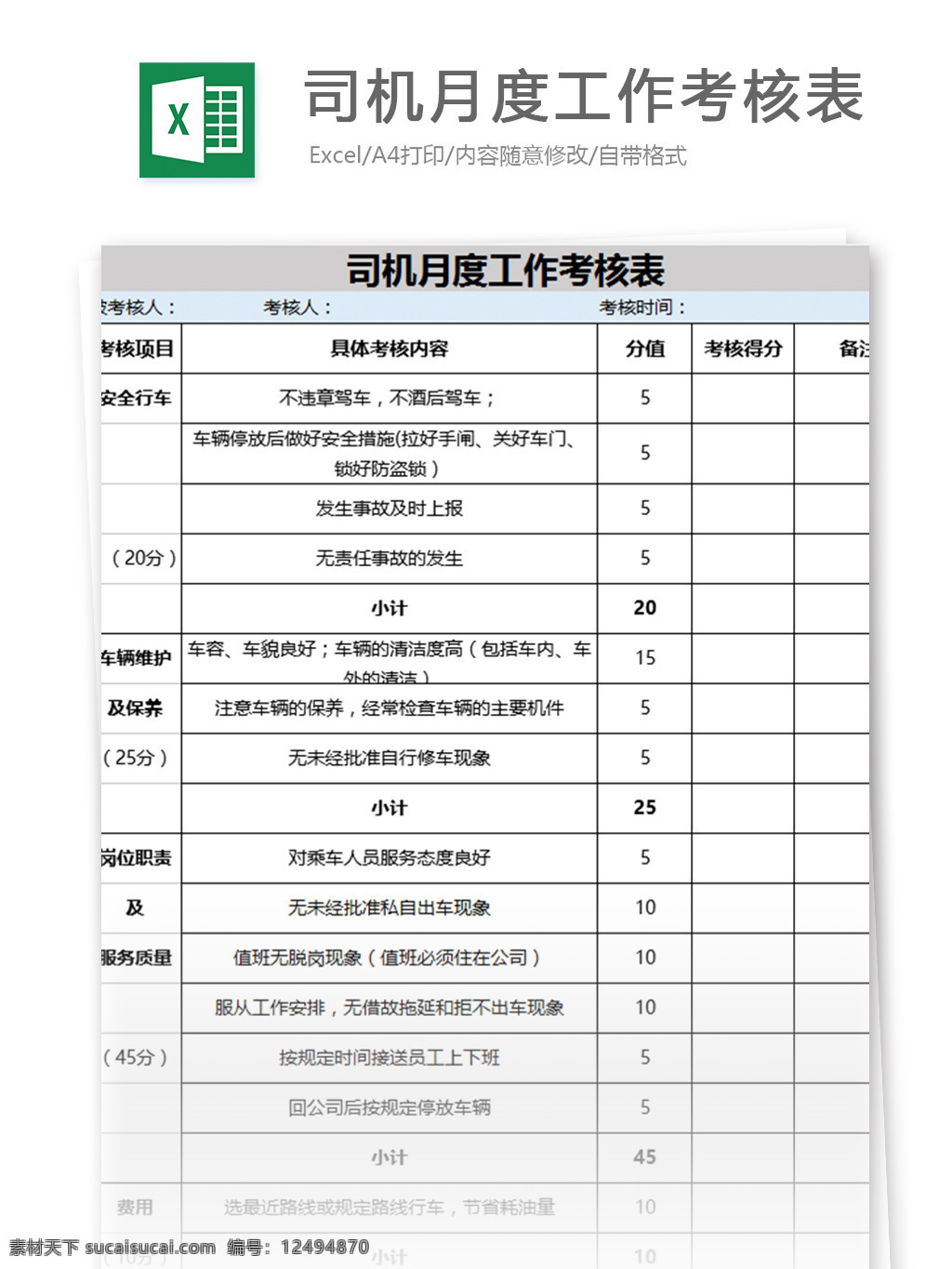 司机 月度 工作 考核表 excel 模板 表格模板 图表 表格设计 表格 员工 人力 hr 绩效表 绩效 人力资源管理 人事报表 行业表格 kpi 考核