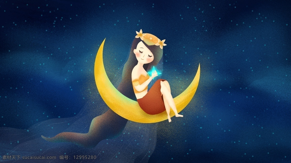 原創(chuàng) 手繪 插畫 十二星座 處女 座 月亮 女孩 星座 夜晚 手繪插畫 處女座