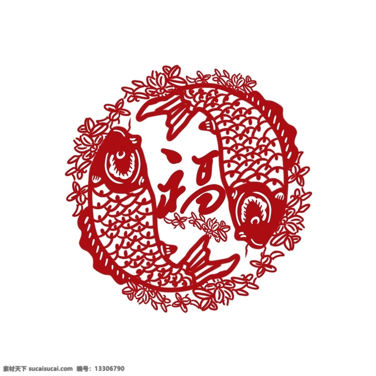 窗花 剪 紙魚 福字 新年 傳統(tǒng)節(jié)日 手繪 插畫 商用 紅色 剪紙 創(chuàng)意 圓形 古典 鯉魚 復(fù)古