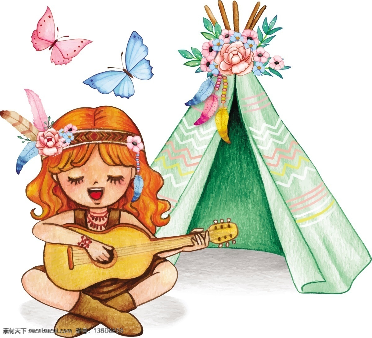 鮮花 帳篷 小女孩 水彩 創(chuàng)意 花朵 綠葉 人物 人物圖庫(kù) 兒童幼兒