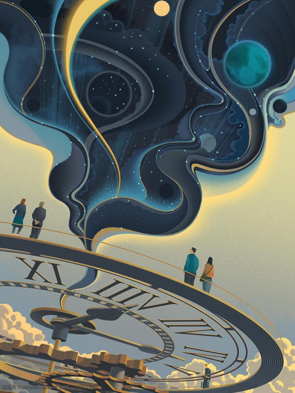 时间的烟囱 时间 星球 时钟 插画 人 动漫动画