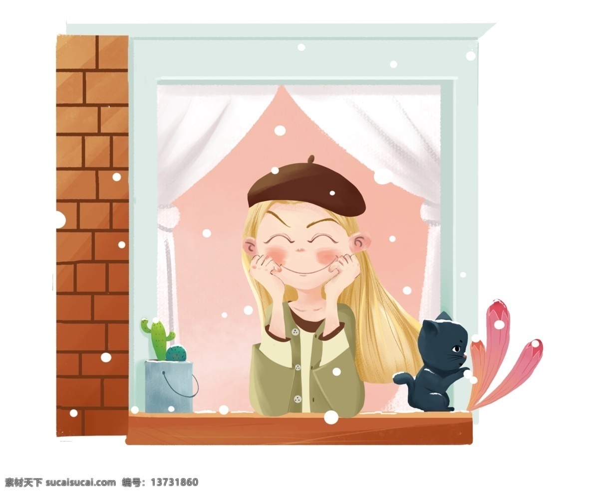冬季 清晨 初雪 窗外 冬天 卡通手绘 欧美少女 下雪 美女 猫咪 清新 少女 植物 粉色 穿搭 微笑女孩