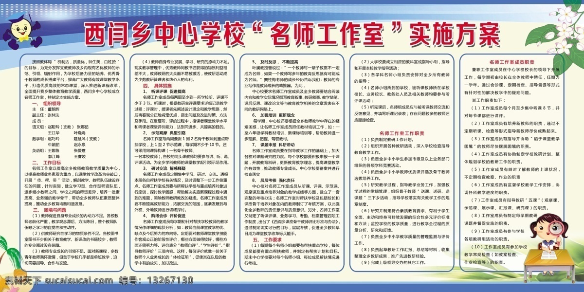 學(xué)校版面 名師工作室 實(shí)施方案 卡通人物 花 展板 背景 學(xué)校類 分層