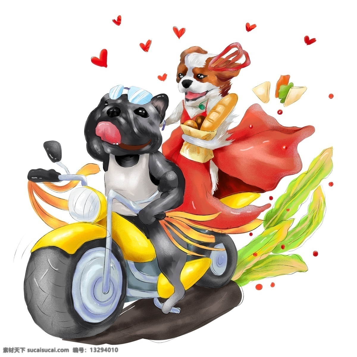 商用 手绘 谈恋爱 狗 动物 爱情 光棍 节 摩托 光棍节 海报素材 插画 恋爱 谈恋爱的狗 摩托车 交通工具 元素 斗牛犬