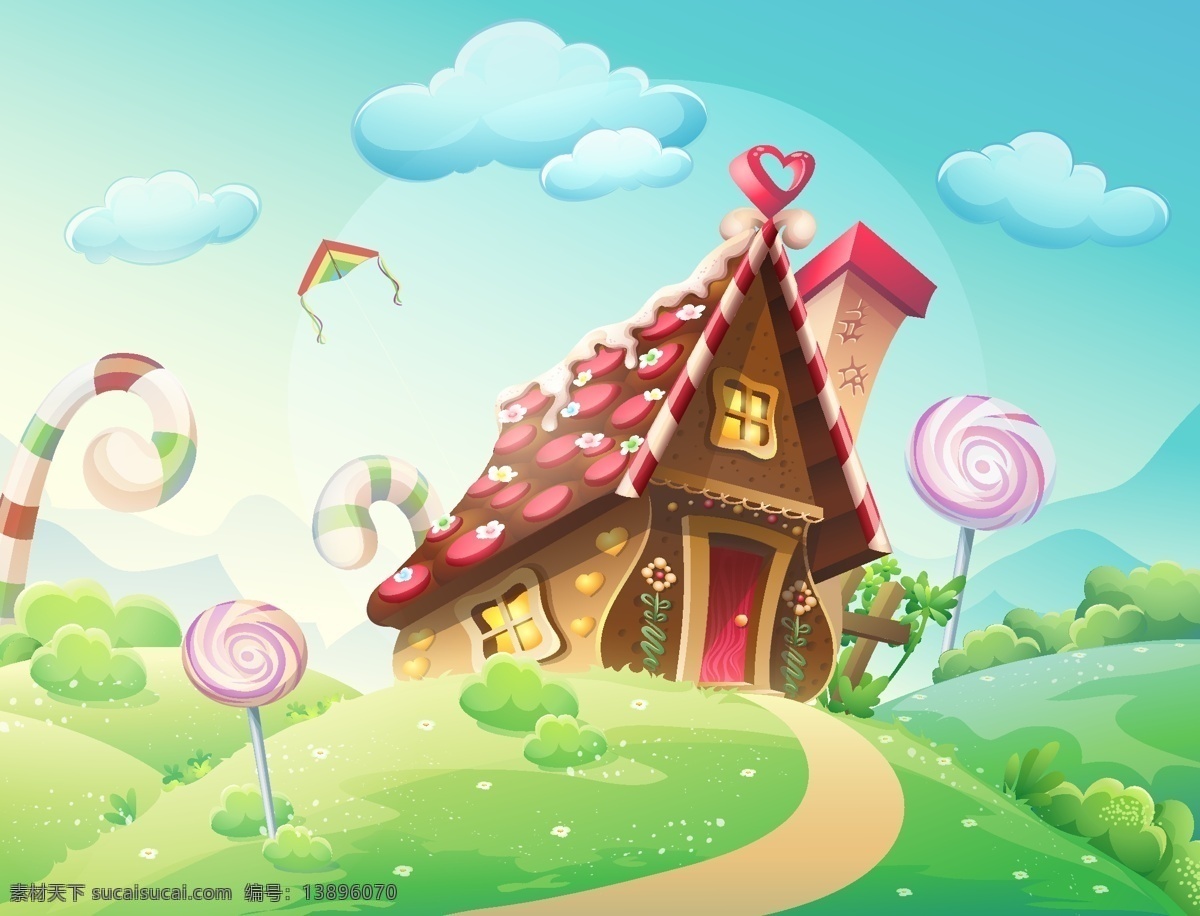 童话 世界 插画 卡通房子 糖果屋 棒棒糖 卡通风景 漫画 草地景色 矢量 高清图片