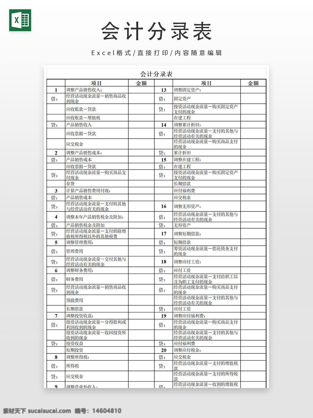 会计分录表 财务报表 excel模板 会计模板 财务管理 账务处理 会计核算 公司财务 财务记录 会计科目 收入支出表 会计凭证 费用分配表 财务核对 企业会计