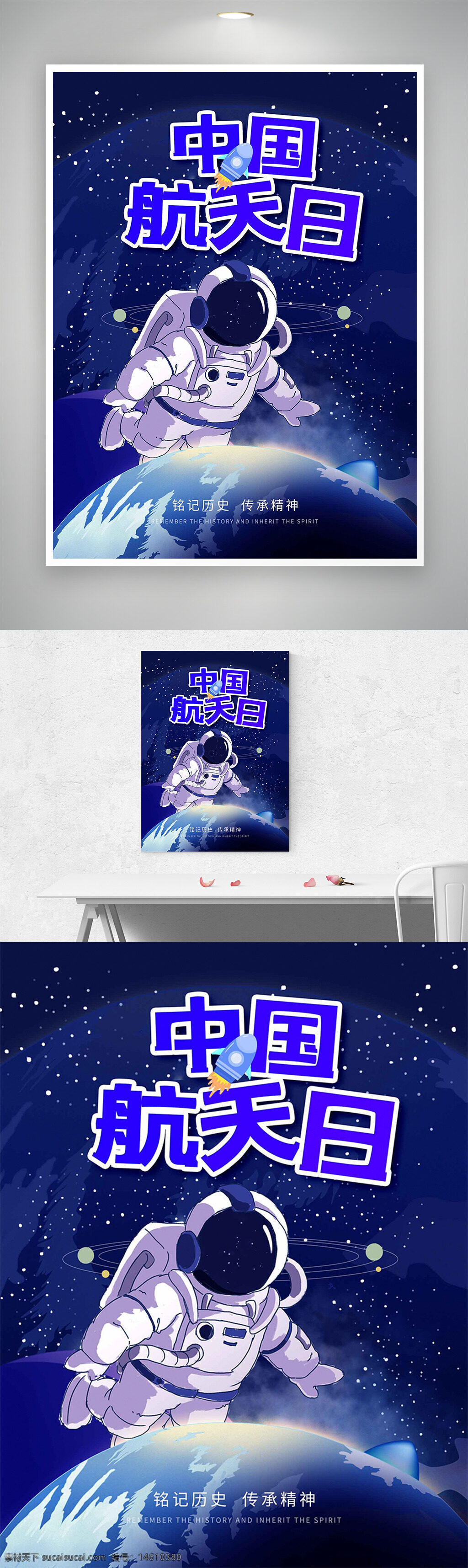 中国航天日 宇航员插画 手绘海报 节日海报 星空背景 航天精神 太空探索 星光点点 蓝色主题 地球元素 科技宣传 历史传承