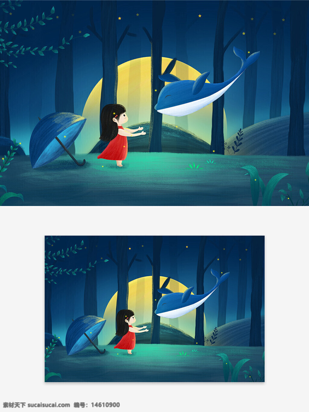 插画 鲸鱼 小女孩 动漫卡通 梦幻场景 夜晚森林 蓝色调 童话风格 月亮背景 伞元素 温馨画面 艺术绘画 奇幻主题 儿童插画