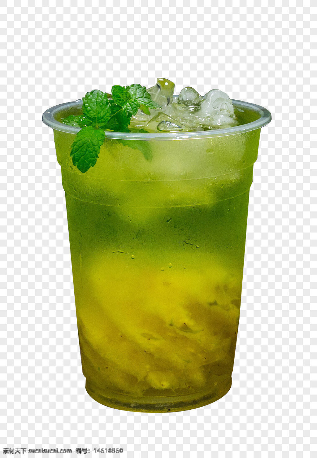 薄荷葉 菠蘿果肉 冰鮮水果茶 水果茶 冷飲 夏季飲品 清涼飲品 手工茶飲 透明杯裝 黃綠色飲料 果肉茶飲 健康飲品 薄荷裝飾 冰塊飲料 清爽解渴