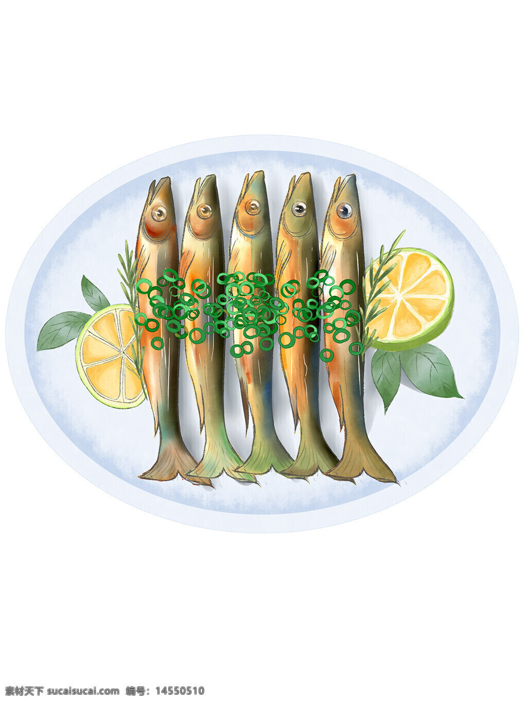 烤鱼 美食 烧烤 鱼 吃鱼 手绘 烤制品 手绘美食 葱花 柠檬 迷迭香