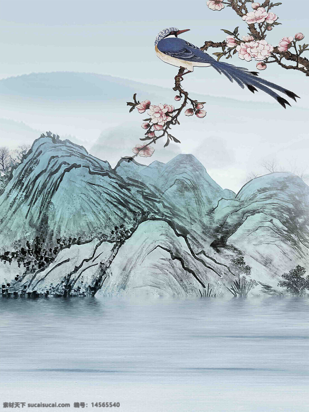 手繪水墨山水中式插畫背景墻 意境山水 禪意山水 山水 中式背景 中式裝飾 裝飾背景 國畫 工筆花鳥