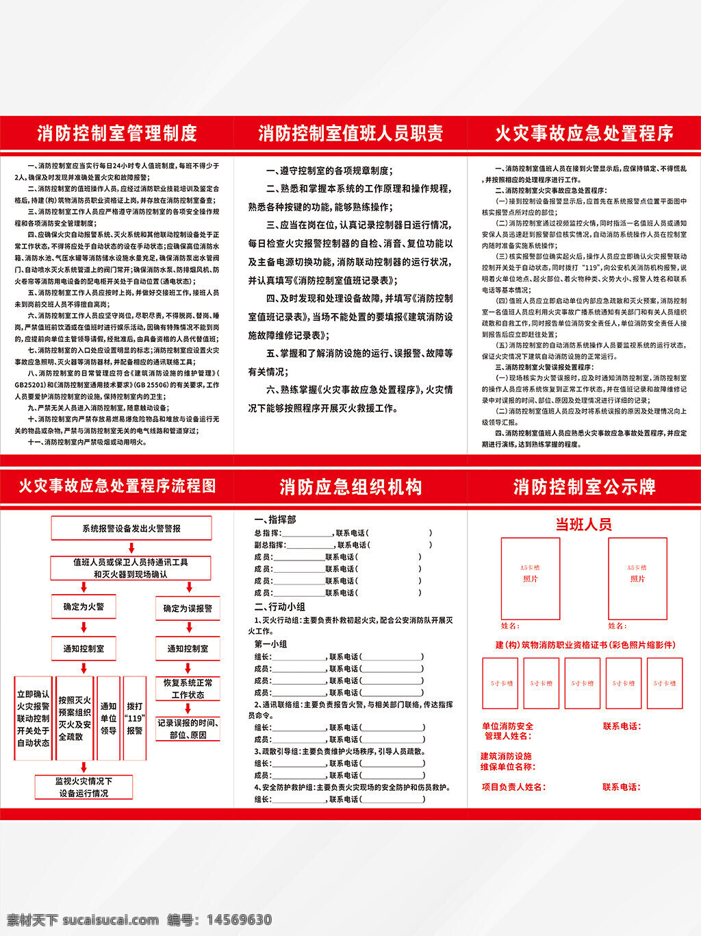 消防控制室管理制度 消防控制室值班人員職責(zé) 火災(zāi)事故應(yīng)急處置程序 火災(zāi)事故應(yīng)急處置程序流程圖 消防應(yīng)急組織機(jī)構(gòu) 消防控制室公示牌