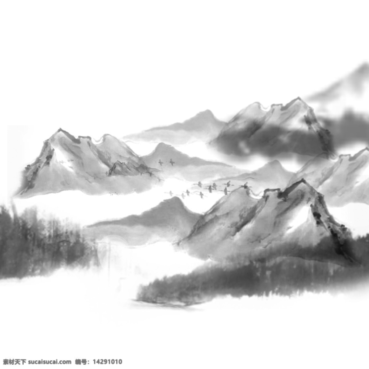 灰色 山峰 遠(yuǎn)山 元素 創(chuàng)意 水墨 繪畫 尖銳 植物 大樹 風(fēng)景