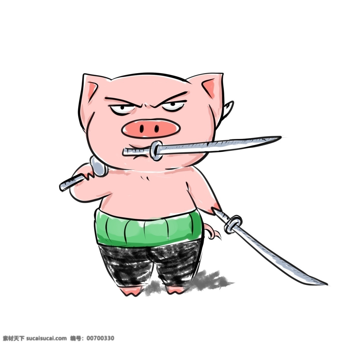 百 变小 猪 系列 索隆 小猪 粉色 大鼻子 三把剑 酷酷的 小猪会武功 手绘 卡通 猪年 动物 好玩