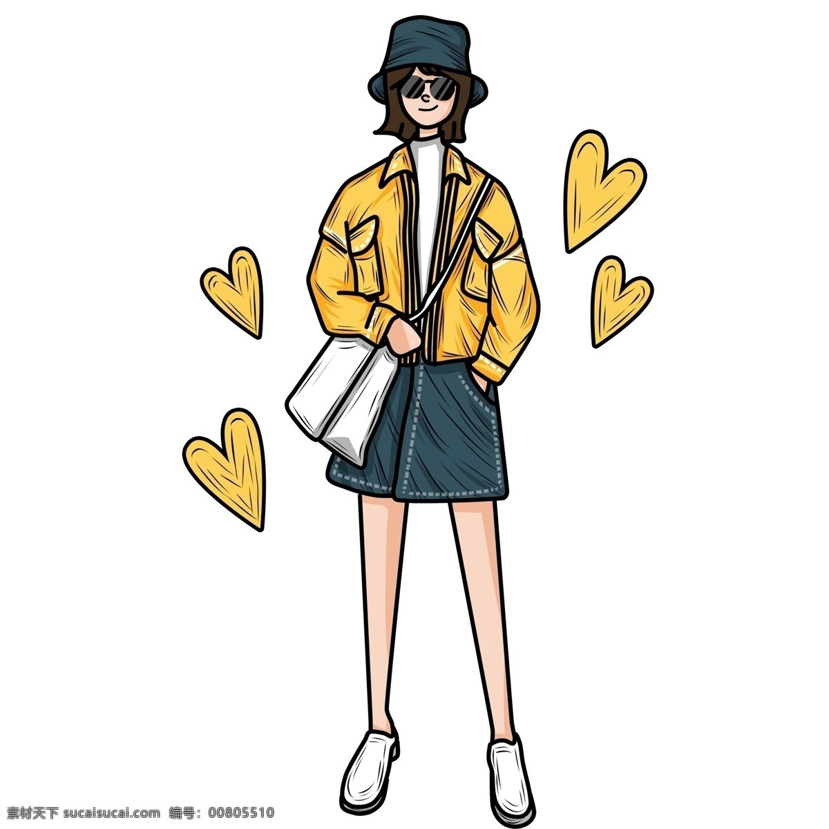手绘 穿着 时尚 搭配 女孩 原创 元素 爱心 黄色 绘画 原创元素 设计元素