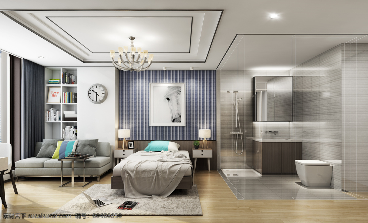 现代 简约 公寓 小 户型 3d 效果图 床 沙发 卫生间 3dmax 模型