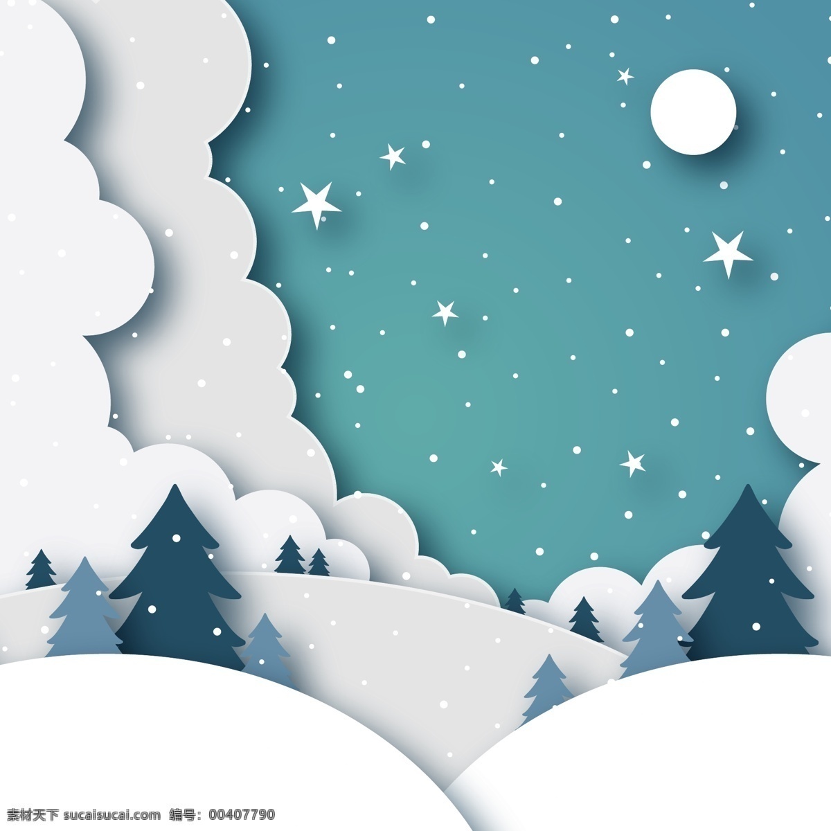 剪纸 冬季 风景 背景 蓝色背景 雪景 剪纸背景