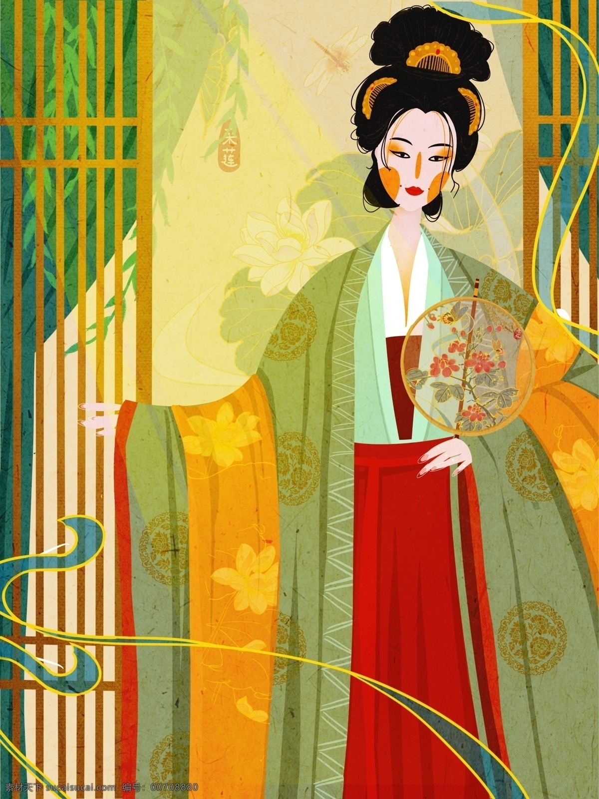 国 潮 古代 窗前 团扇 女孩 插画 国潮 中国风 复古