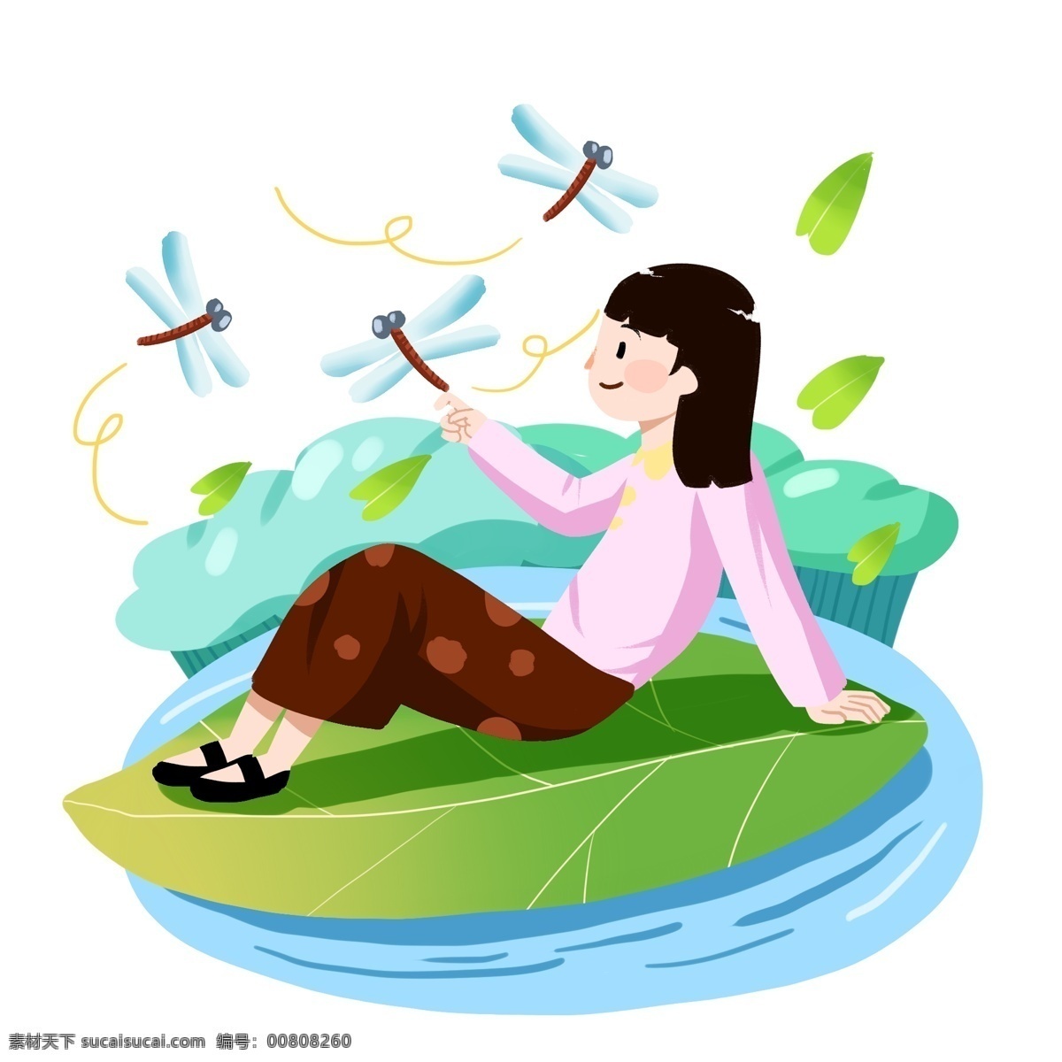 谷雨 人物 蜻蜓 插画 谷雨人物插画 蓝色的蜻蜓 漂亮的小女孩 绿色的叶子 植物装饰 飞舞的蜻蜓