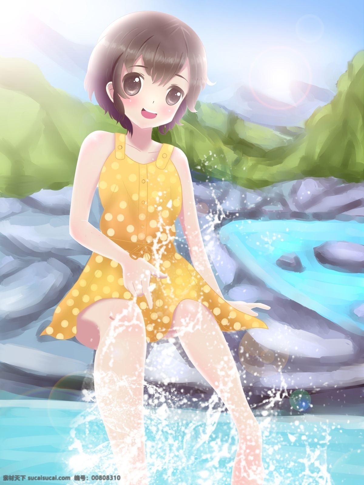 原创 手绘 插画 立夏 女孩 河边 玩耍 原创手绘插画 在河边玩耍 河水 远山 岩石