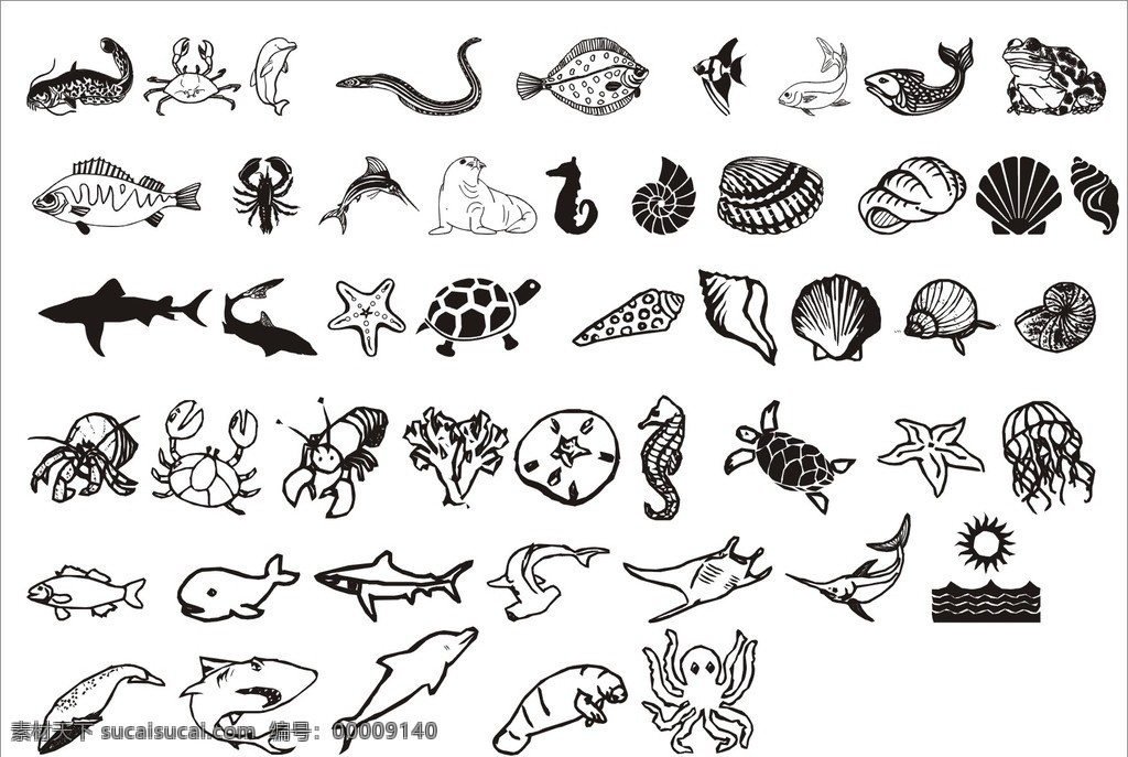 海鲜 蛇 鱼 虾 海马 海狮 鲤鱼 螃蟹 扇贝 海螺 海豚 鱿鱼 海鱼 乌龟 贝壳 青蛙 鲸 海洋生物 生物世界 矢量