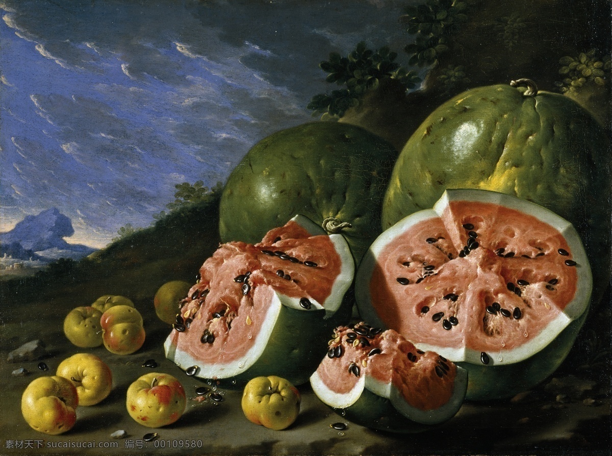 静物 水果 瓜果 蔬菜 器皿 食物 印象 画派 写实主义 油画 装饰画 paisaje un manzanas y sandias con bodegon egidio luis melendez 苹果 无 框 画 装饰素材