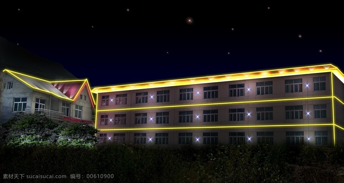 楼体 亮化 效果图 宾馆 夜景效果图 照明设计 建筑设计 分层 源文件