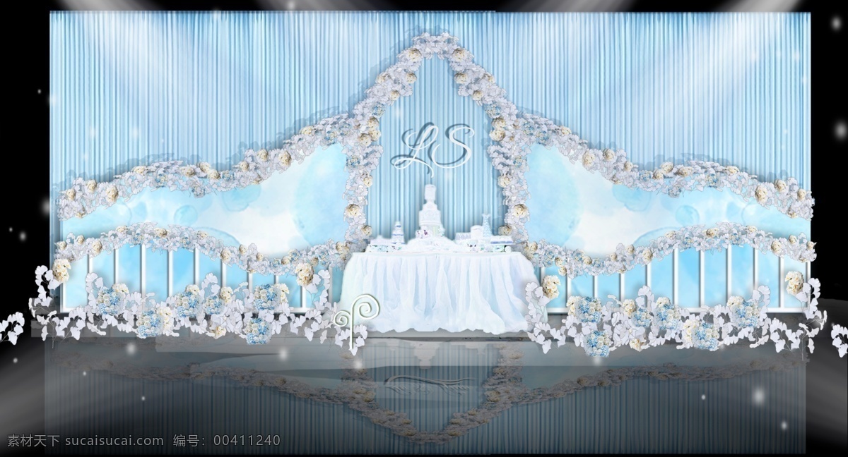 蓝色 小 清晰 简约 大气 婚礼 签到 灯光 银色 镜面 布幔 小清晰 花条 水彩 甜品桌 管子