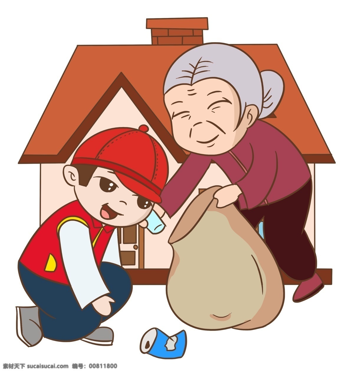 帮助 老奶奶 捡 瓶子 帮助老奶奶 捡瓶子 黄色的袋子 慈祥的老奶奶 社区服务插画 蓝色的易拉罐