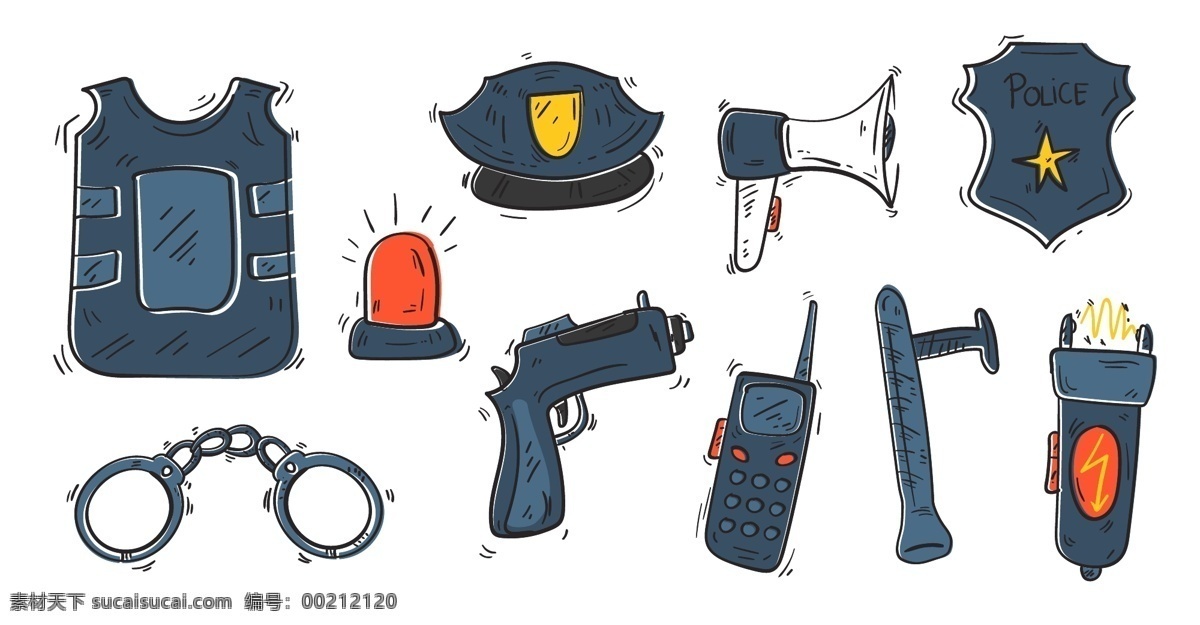 警察元素 警察素材 警察图标 警察设备 警察装备 防弹衣 手铐 电棍 对讲机 手枪 帽子 喇叭 警徽 图标标签标志 标志图标 其他图标